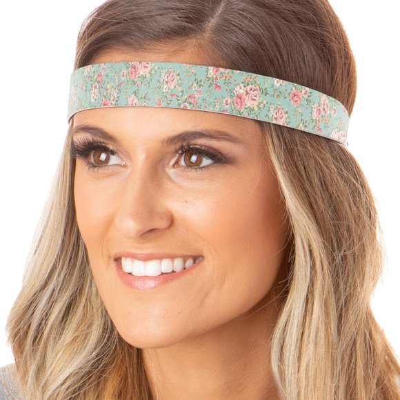 Hipsy Adjustable NO SLIP Country Floral Pink & Mint Wide Non-Slip Headband - Picture 3 of 5